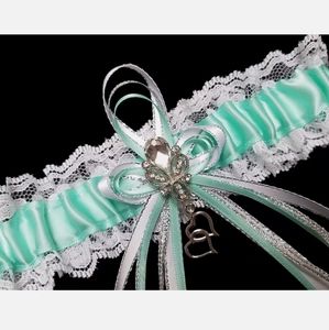Beautiful Aqua Satin White Lace Garter Belt Wedding Prom
